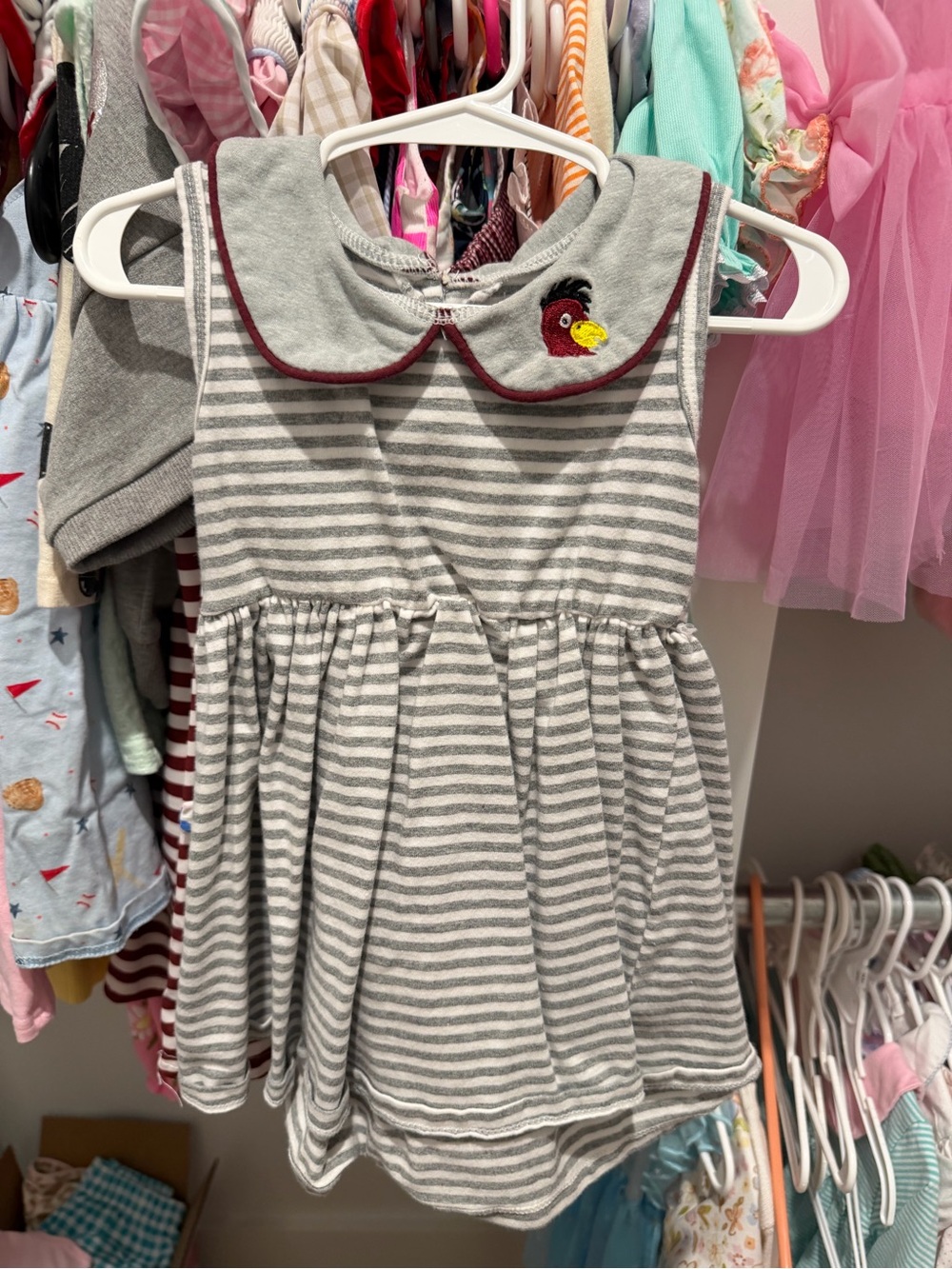 Grey Striped Peter Pan Collar Dress with Carolina Gamecock Motif